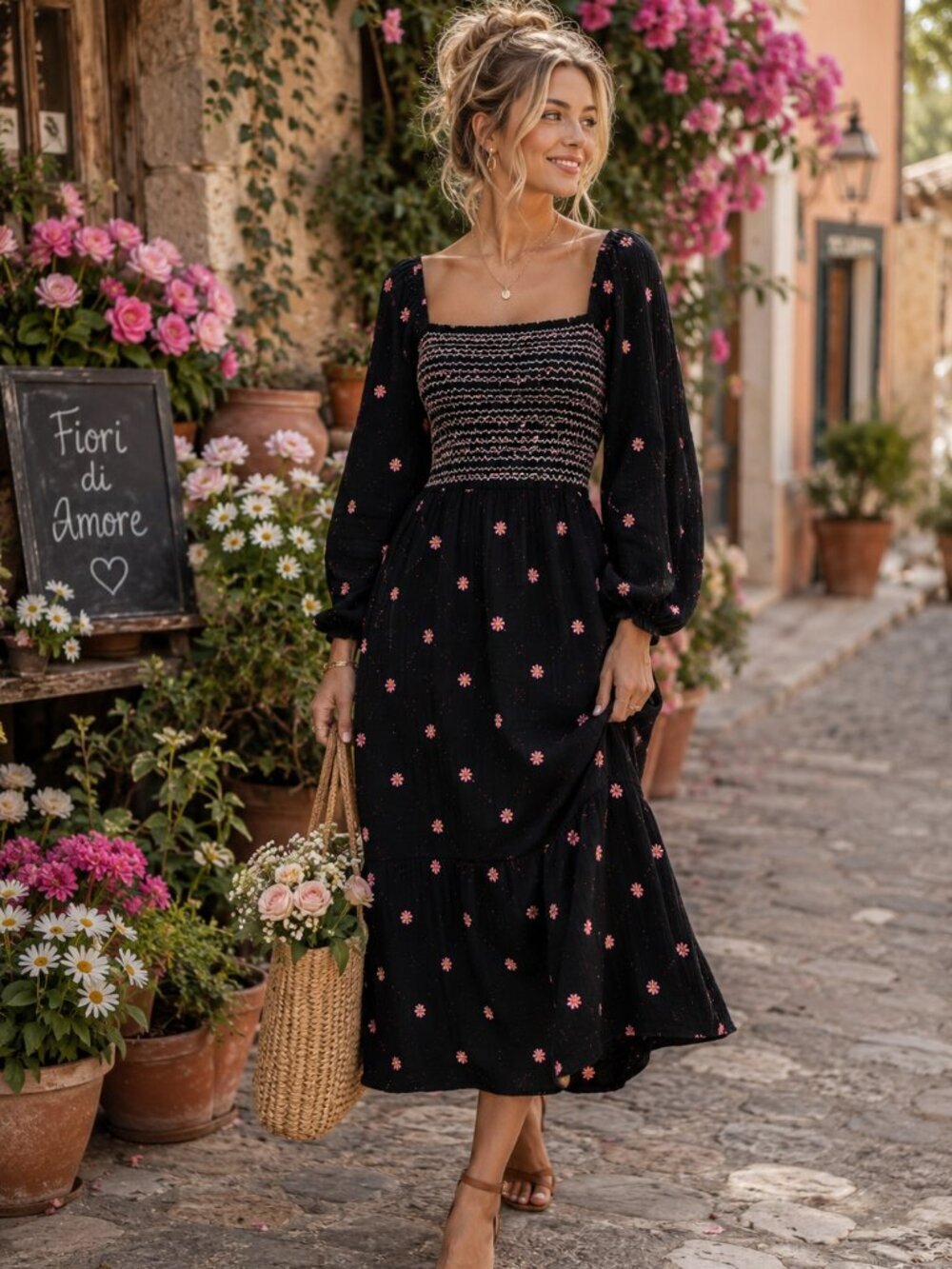 Boutique Style Black Smocked Midi Dress Pink Embroidered Floral Cottagecore M